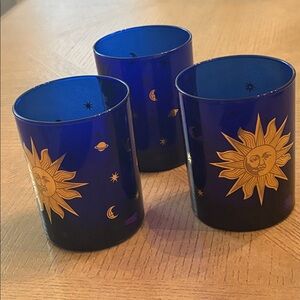Vintage Set of 3 Culver Blue Celestial Sun Stars Moon Tumbler Cocktail Glasses